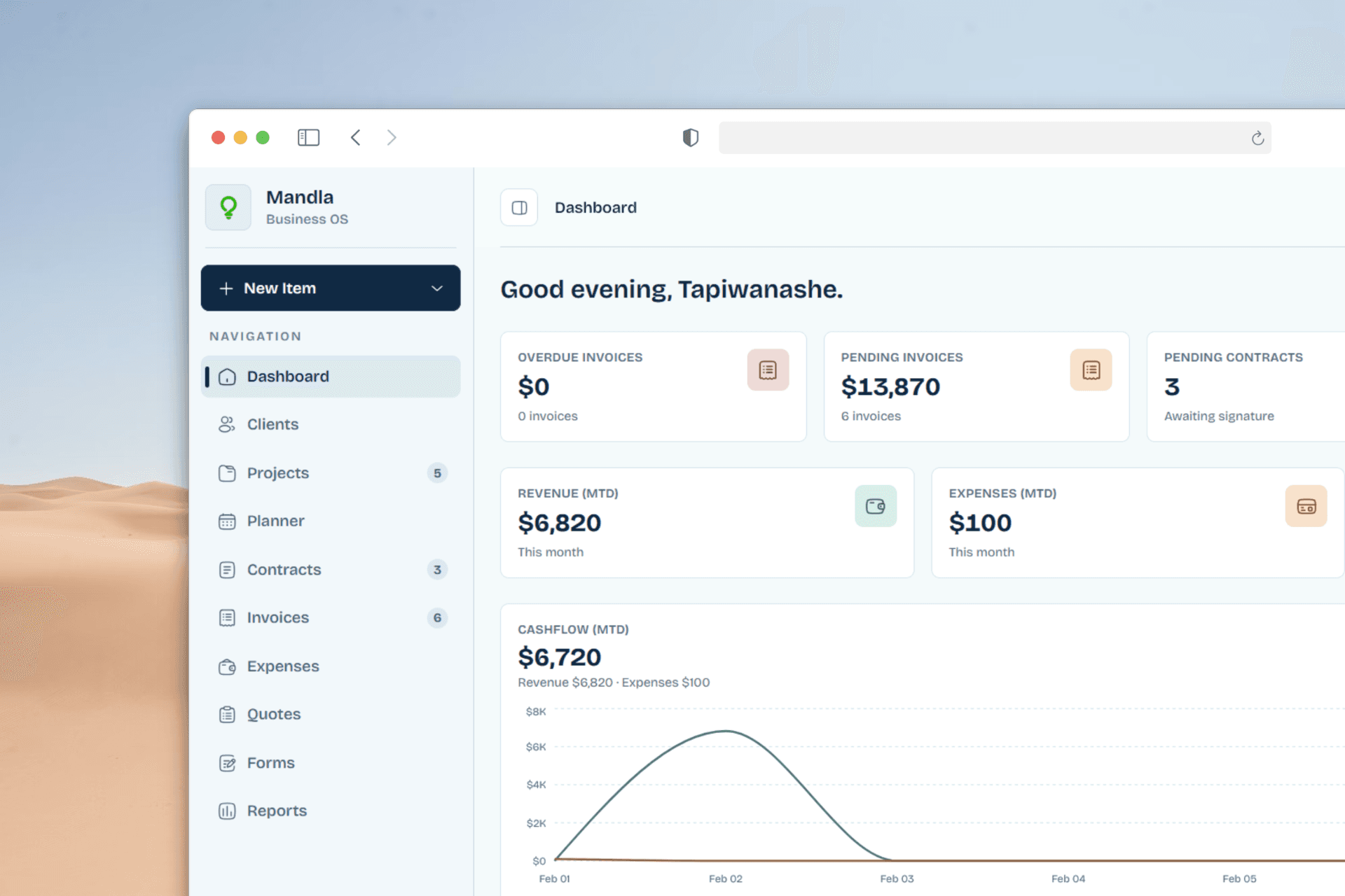 Mandla dashboard showing client operations, billing, and reporting